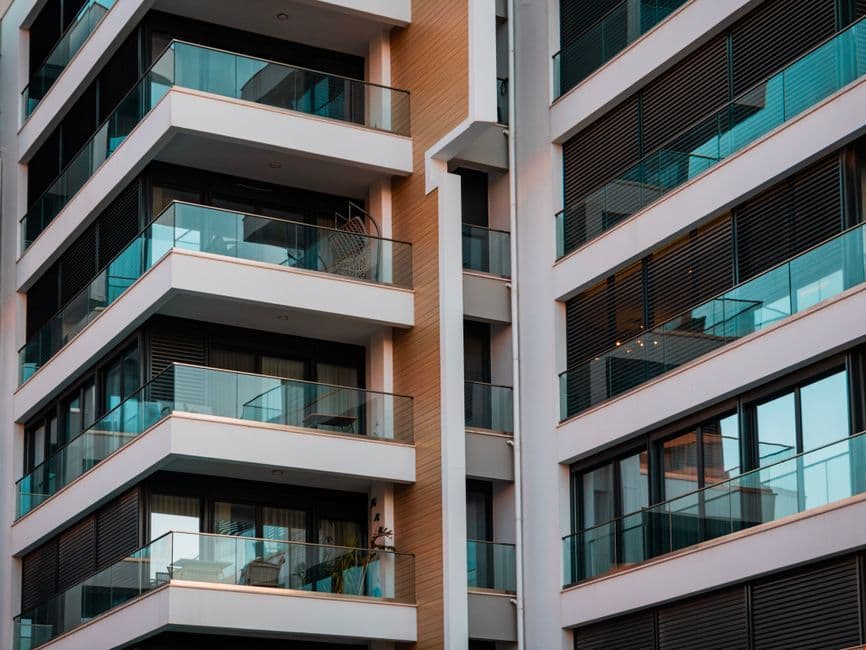 Modern luxury apartment building with contemporary design.