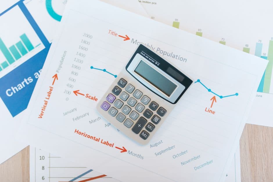 Financial documents with charts and analysis on desk.