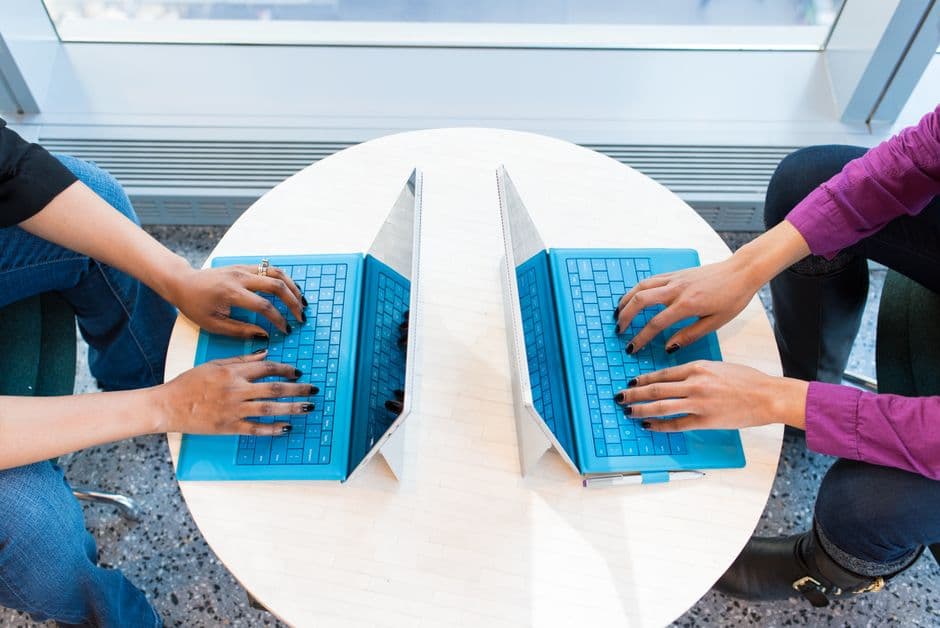 Modern office technology with digital workspace and devices.